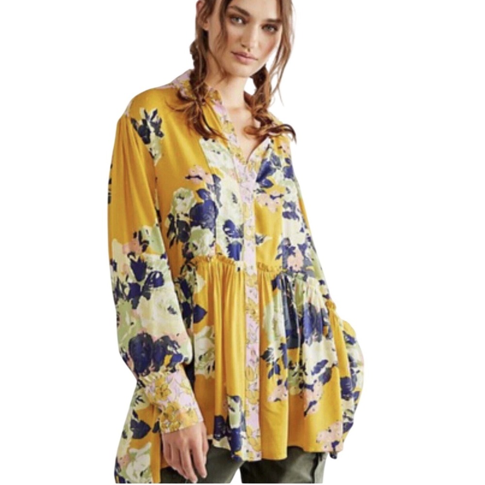 Free People Brunch a Bunch Tunic Mustard Yellow Floral Button Down Blouse Size M
